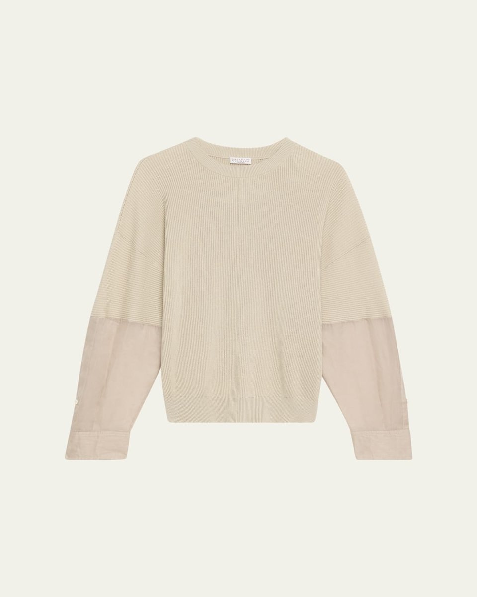 Organza-Sleeve Cotton English Rib Sweater